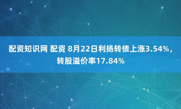 配资知识网 配资 8月22日利扬转债上涨3.54%，转股溢价率17.84%